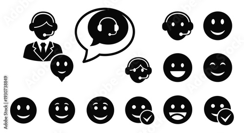 A collection of black silhouettes depicting customer support representatives and happy faces emphasizing communication and service silhouette high quality professional detailed
