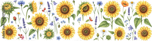 Vibrant sunflowers and wildflowers pattern on white background