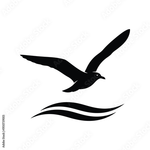Seagull silhouette vector flying over waves isolated on white background for logo design