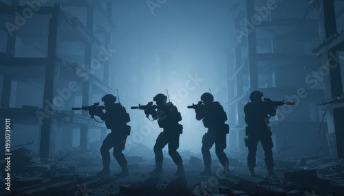Shadows of Valor: Armed soldiers move cautiously through a ruined cityscape, weapons raised in a testament to valor amidst destruction. A chilling atmosphere underscores the weight of their duty.
