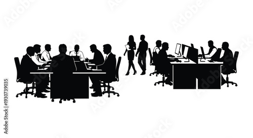 A black silhouette depicts a busy office meeting with people seated at tables and conversing silhouette high quality professional detailed modern