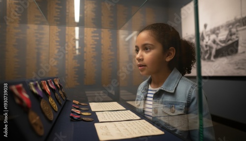 Young Explorer at Museum Exhibit: A young, inquisitive girl is captivated by an exhibit showcasing historic medals, her eyes widening with curiosity as she explores the legacy within. 