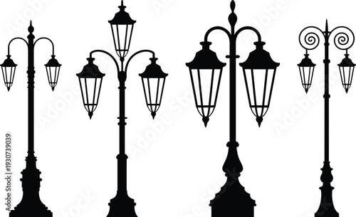 Vintage street lamp silhouette vector set, classic ornate city lantern posts isolated black decorative lighting illustration