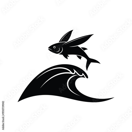 Flying fish silhouette vector jumping over ocean wave isolated on white background