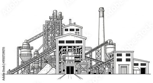 Industrial Factory Building with Machinery.