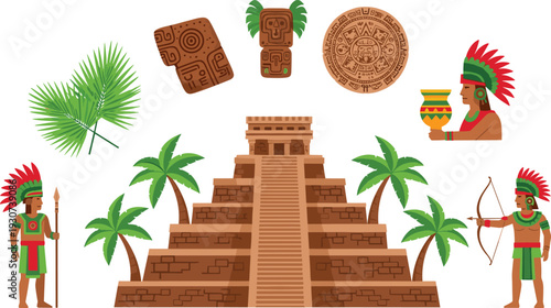 Mayan Civilization Vector Illustration Set Featuring Ancient Pyramid Temple, Aztec Calendar, Tribal Warriors, Palm Trees, and Pre Columbian Cultural Symbols