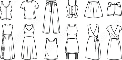 Women clothing collection set front view, dresses tops shorts wide pants fashion outline template flat vector illustration isolated on light background