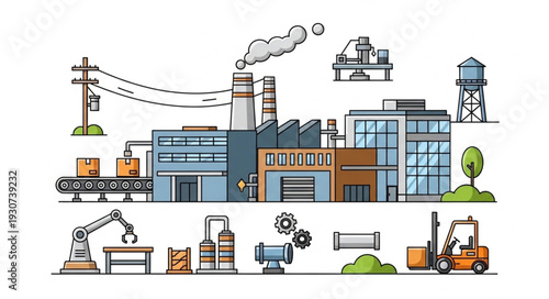 Industrial Factory Building with Machinery.
