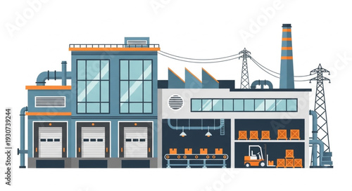 Industrial Factory Building with Machinery.