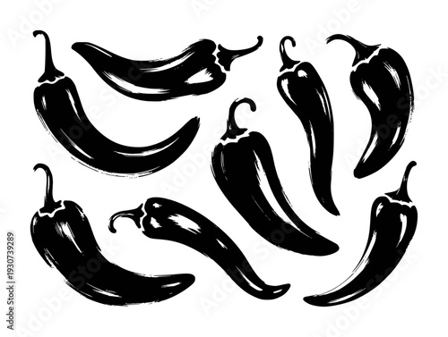 Black Chili Pepper Silhouettes Brush Stroke Style Isolated White Background