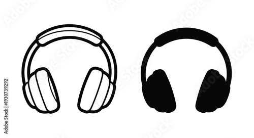 Two views of over ear headphones one detailed and one a silhouette