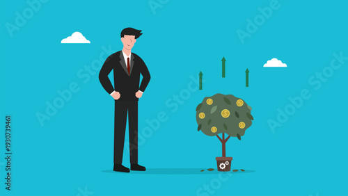 Businessman watching growing money tree concept vector illustration. Financial investment and wealth creation strategy.