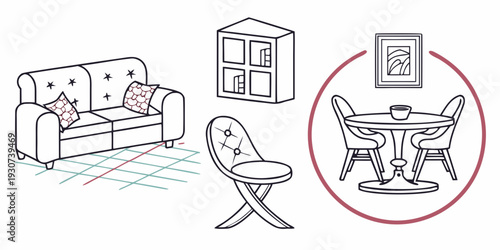 A cozy living room with a couch, chair, and dining table set