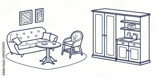 A cozy living room with a sofa, chair, and a wooden cabinet with a television.