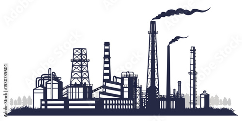 Industrial landscape with factories and smokestacks emitting pollution into the sky