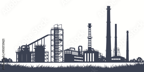 A detailed illustration of an industrial landscape with various factories and chimneys.