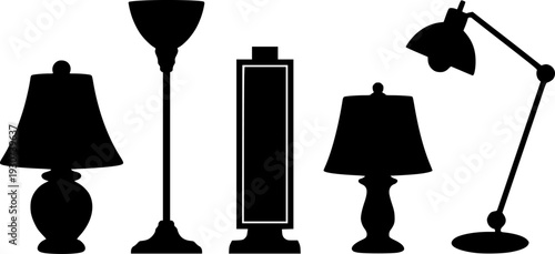Collection of black silhouette lamps including table floor and desk lamps white background