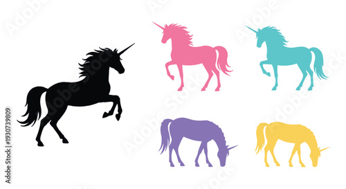 Colorful unicorns with a striking black silhouette
