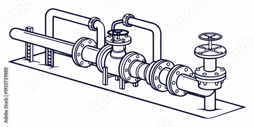 An industrial pipe system with various valves and connectors for fluid control