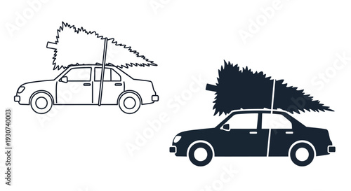 Car transporting a christmas tree home for the holidays silhouette