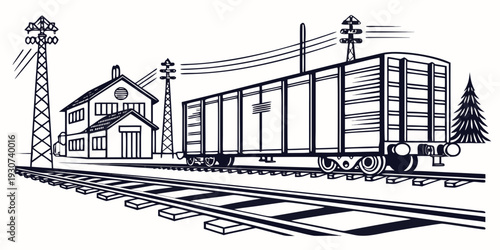 Vintage train station with boxcar and passenger car in black and white