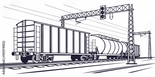 A detailed illustration of a train carrying cylindrical containers under a crane.