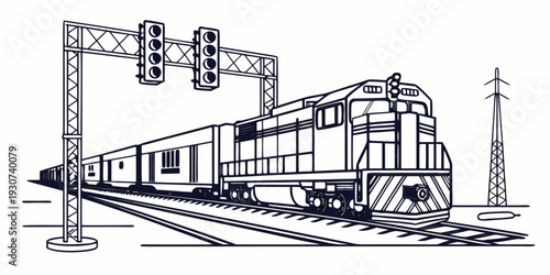 A detailed black and white illustration of a train passing under a bridge
