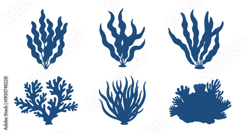 Stylized blue seaweed arrangements in a symmetrical composition silhouette