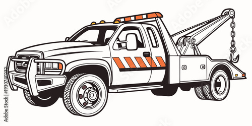 A vintage orange and white tow truck with a warning light on top.