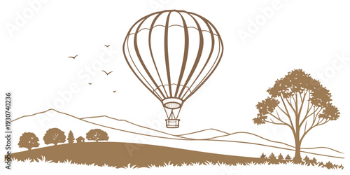 A hot air balloon floating over a serene landscape with trees and hills