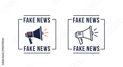 Two rectangular frames display a megaphone announcing fake news silhouette