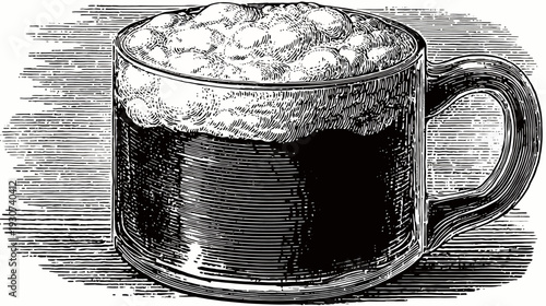 A clear glass mug filled with dark liquid, overflowing with foamy head, set on a surface