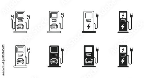 Electric vehicle charging stations in black outline style silhouette