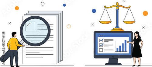 Flat vector illustration of a man with a magnifying glass researching documents and a woman presenting data with justice scales.