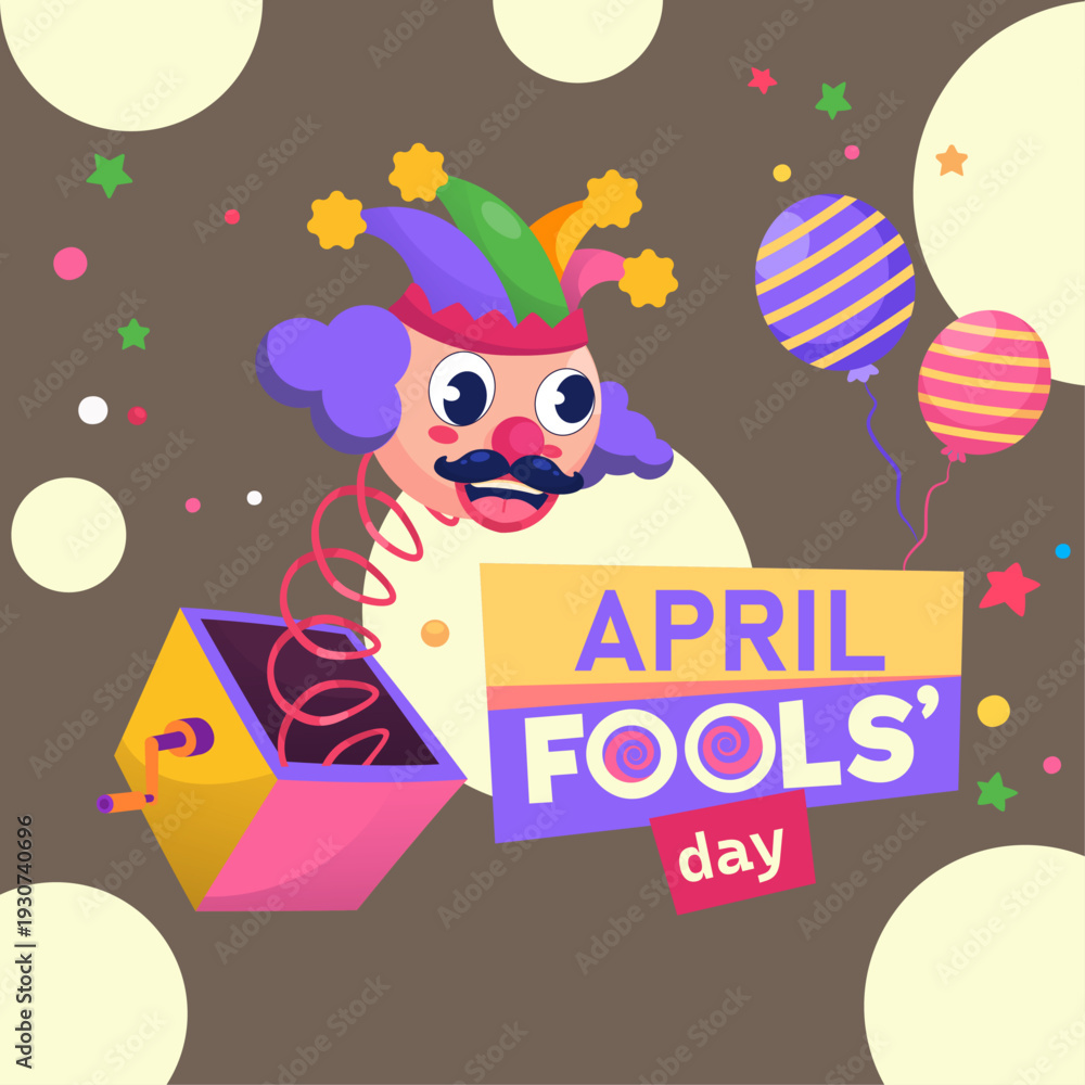 Fototapeta premium Colorful April Fools Day Celebration Poster with Funny Joke Toy Balloon Decor