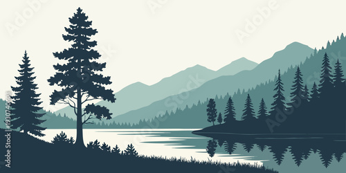 Silhouettes of trees and mountains reflected in a serene lake at dusk