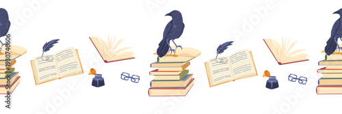 Seamless border frame with vintage books stack, open pages, feather quill, ink bottle, raven. Gothic reading, writing adhesive tape in dark academia style. Illustration for wrapping, scrapbooking