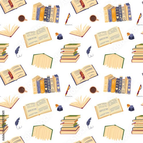 Seamless pattern with vintage books stack, open pages, feather quill, ink bottle, coffee cup. Cozy reading and writing background in dark academia style. Flat vector illustration for wrapping, textile