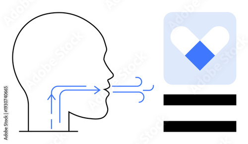 Human head outline with blue arrows showing airflow, next to a geometric medical logo. Ideal for healthcare, breathing, fitness, wellness, respiratory system, therapy medical branding. Simple flat