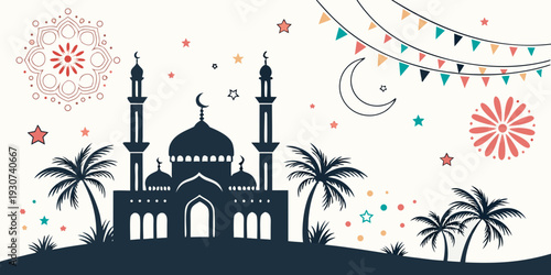 Silhouette of a mosque with palm trees and festive decorations in the background.