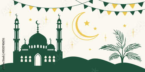 A serene mosque under a starry sky with a crescent moon and palm tree