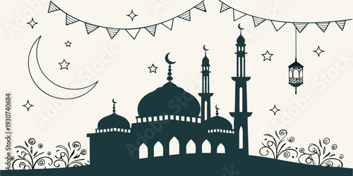 Silhouette of a mosque with crescent moon and stars under a festive banner.