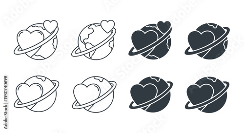 Planets with hearts orbiting varying shades a striking silhouette