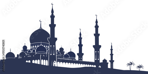 Silhouette of a mosque with minarets and domes at sunset