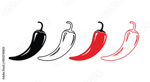 Four chili peppers displayed in varying colors a striking silhouette