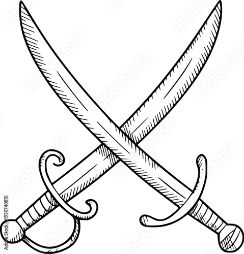 Hand drawn of crossed cutlass swords in black and white ink pirate combat