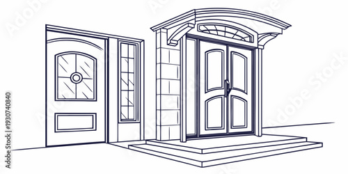 A detailed line drawing of a house entrance with double doors and a small porch