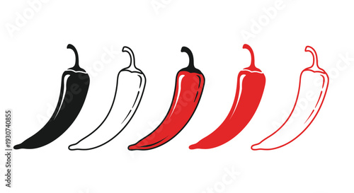 Five chili peppers in varying shades a striking silhouette