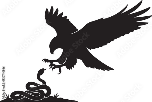 Black silhouette of an eagle with outstretched wings and talons attacking a coiled snake on the ground, depicting a classic predator-prey struggle.