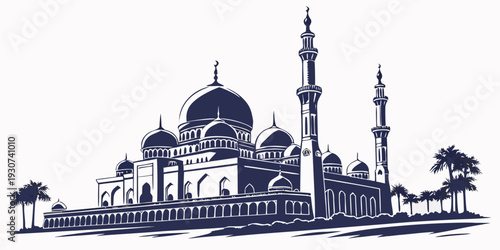 Intricate mosque architecture with multiple minarets and domes